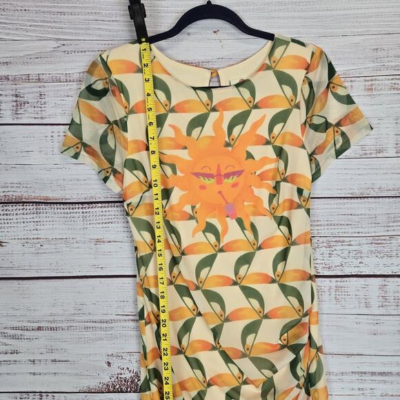 Farm Rio Mesh Midi Dress S Yellow Green Orange Sun Print Pockets Ruch Slits Line - Picture 5 of 16